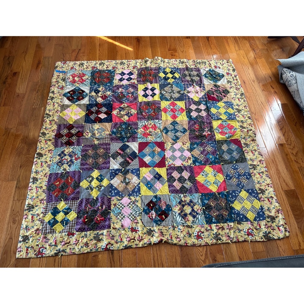 Vintage Handmade Patchwork Tie Quilt Multi Color Scrappy Farmhouse Cutter 62x67"